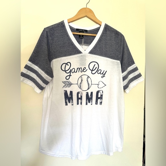 Sable Sky Game Day Mama T-Shirt - White and Gray V- Neck XL Gift for Mom - Picture 1 of 8